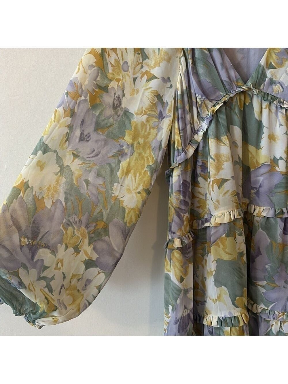 Free The Roses Voluminous Flowy Floral Mini Dress with Long Sheer Puff Sleeves - Picture 10 of 14